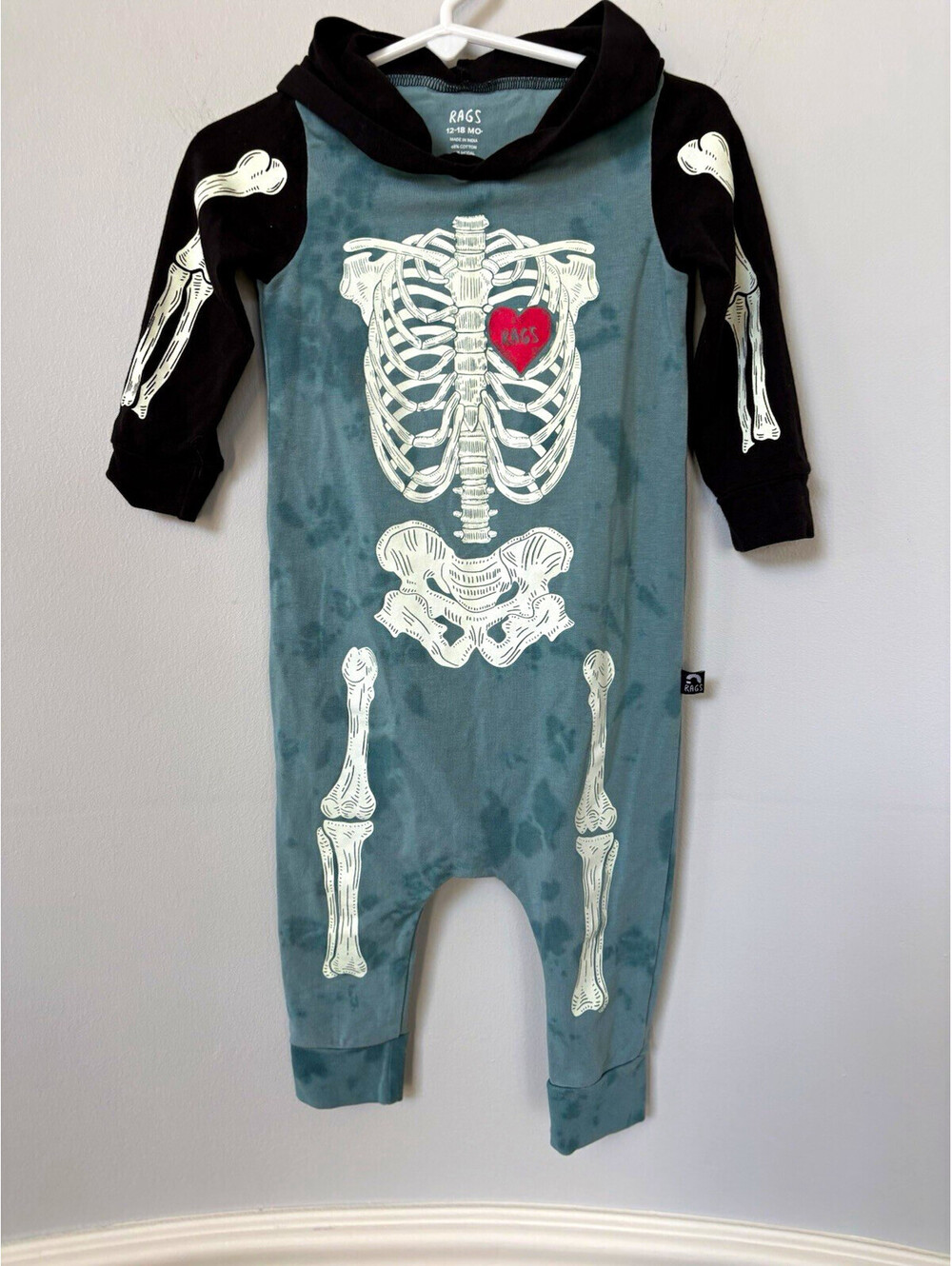 RAGS Baby Skeleton Hooded Stretch Jumper 12-18M Blue Black - RARE
